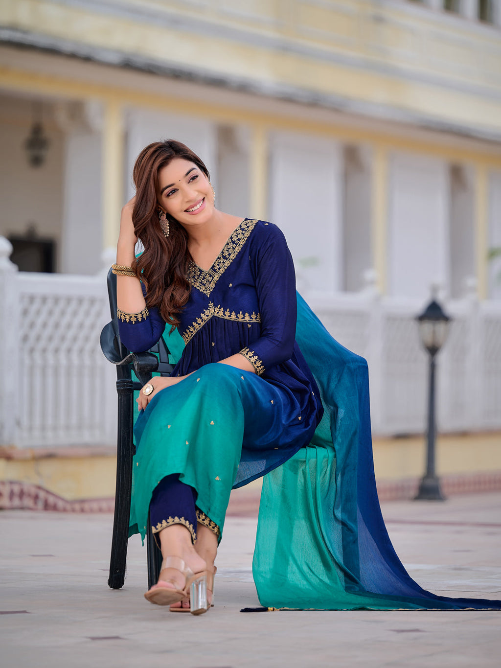 Alia Cut Embroidered Silk Blend Kurta With Pant & Dupatta, Navy Blue - Hiral Fashion - Distacart