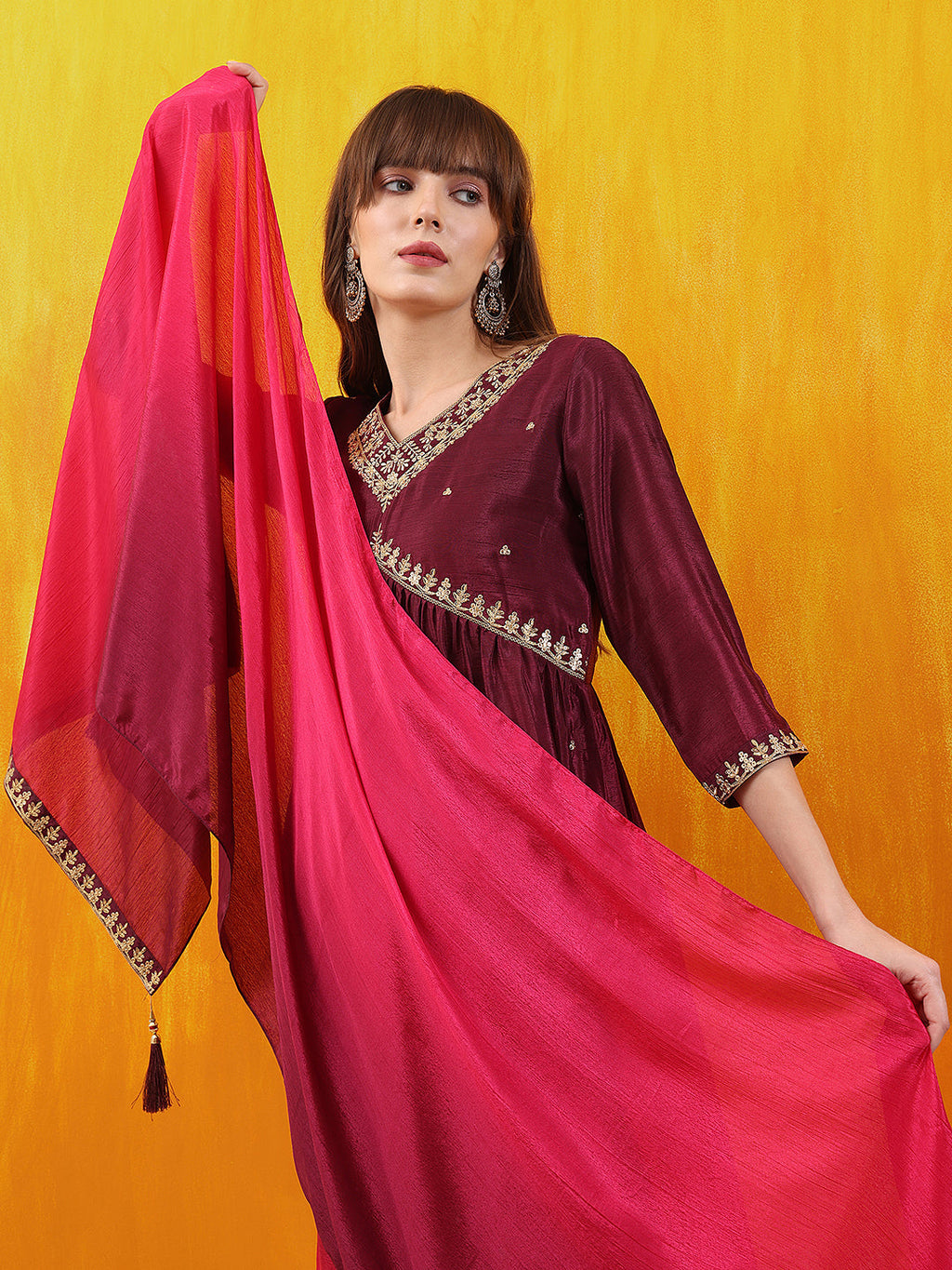 Alia Cut Embroidered Silk Blend Kurta With Pant & Dupatta, Wine - Hiral Fashion - Distacart