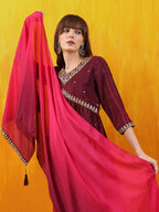 Alia Cut Embroidered Silk Blend Kurta With Pant & Dupatta, Wine - Hiral Fashion - Distacart
