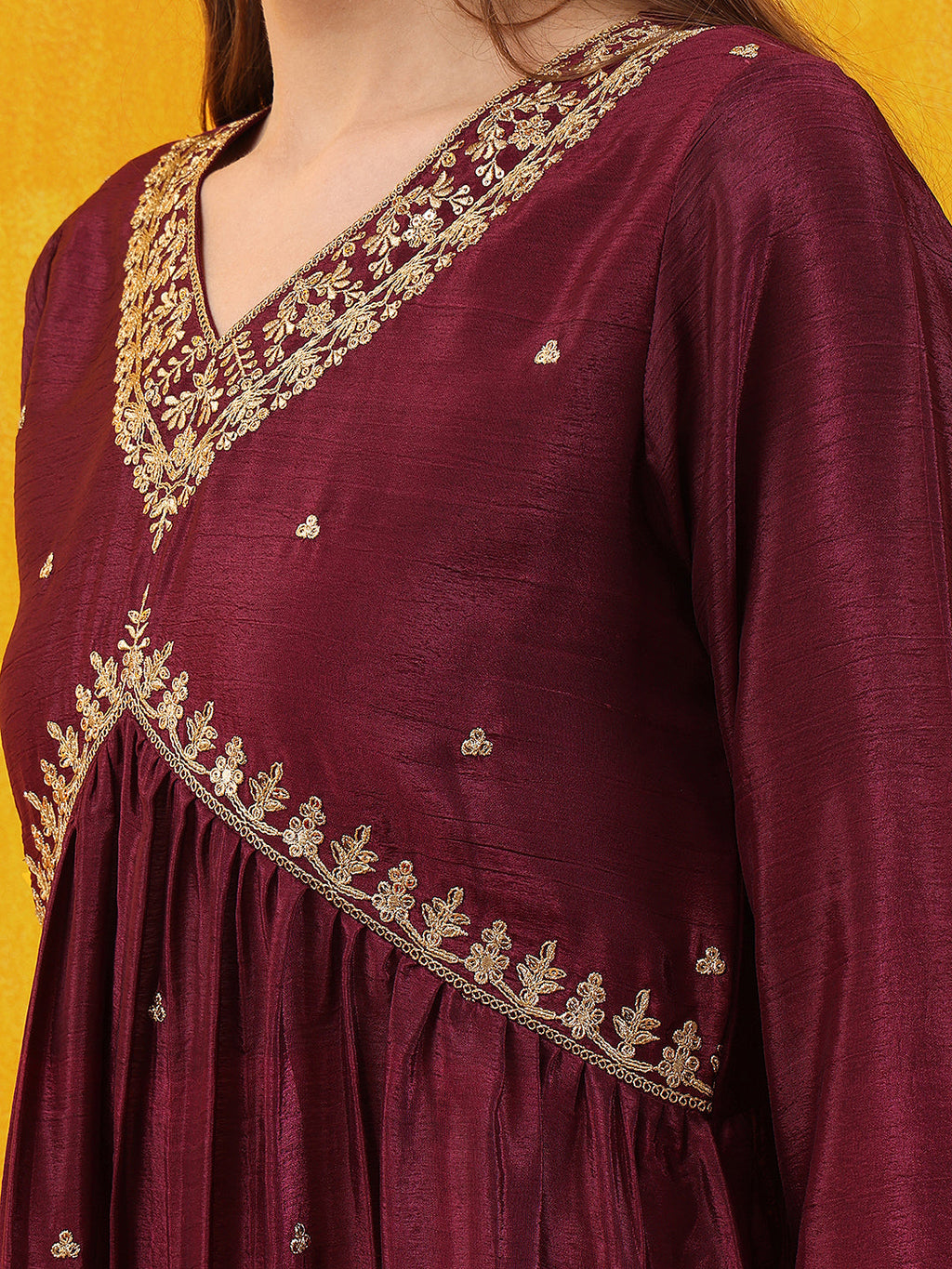 Alia Cut Embroidered Silk Blend Kurta With Pant & Dupatta, Wine - Hiral Fashion - Distacart