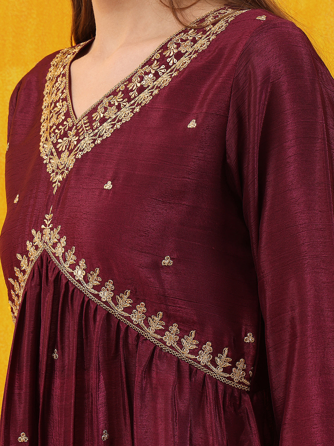 Alia Cut Embroidered Silk Blend Kurta With Pant & Dupatta, Wine - Hiral Fashion - Distacart