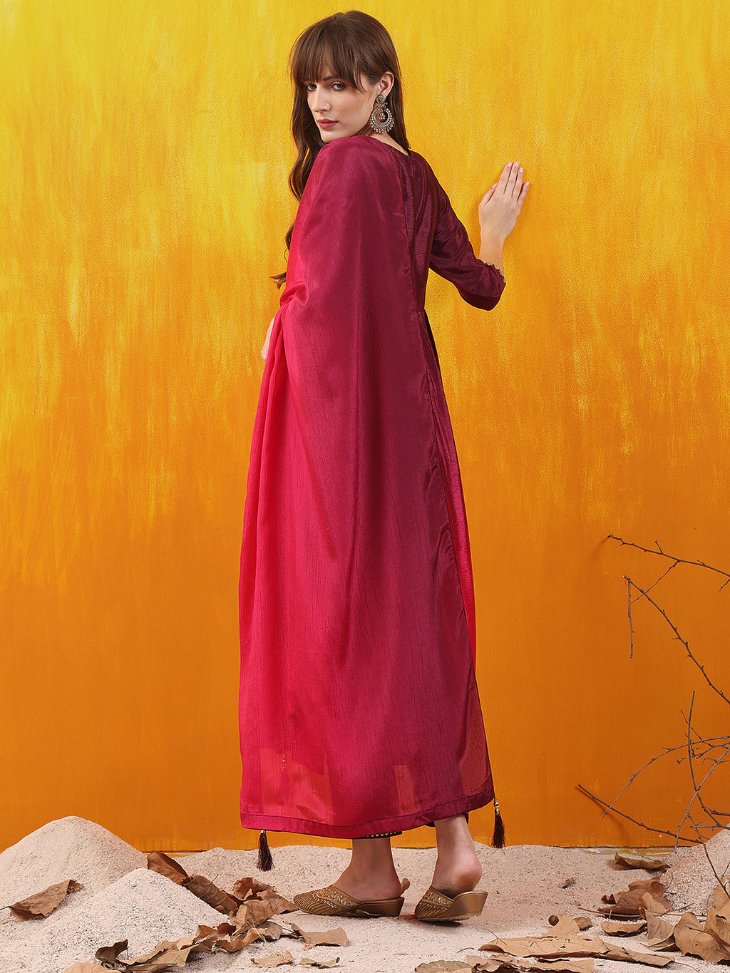 Alia Cut Embroidered Silk Blend Kurta With Pant & Dupatta, Wine - Hiral Fashion - Distacart