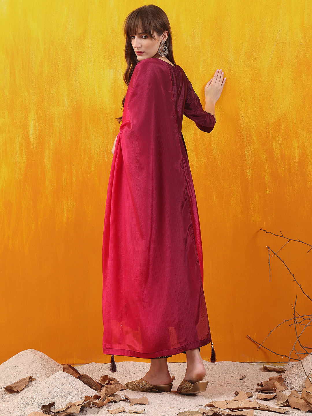 Alia Cut Embroidered Silk Blend Kurta With Pant & Dupatta, Wine - Hiral Fashion - Distacart