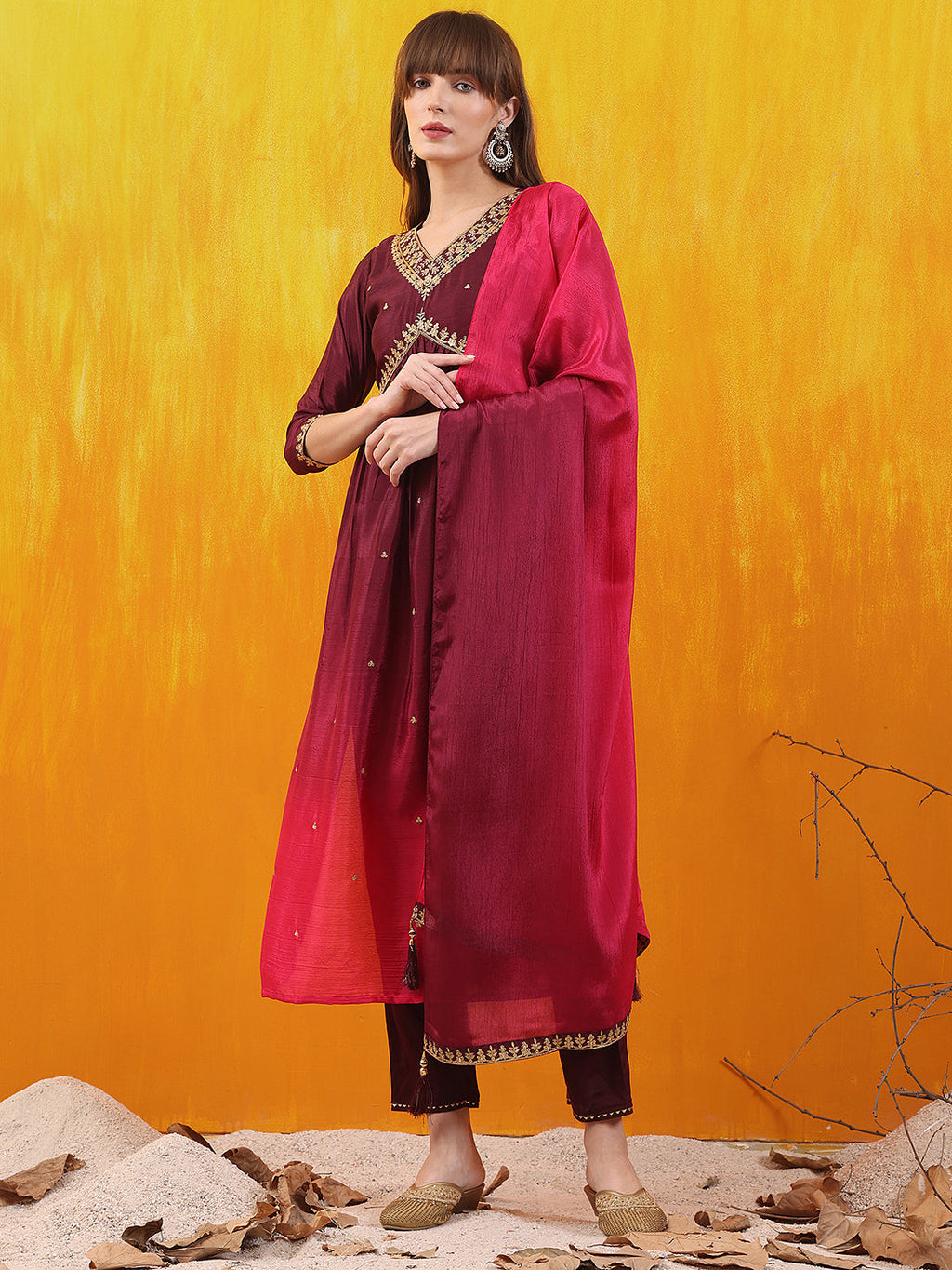 Alia Cut Embroidered Silk Blend Kurta With Pant & Dupatta, Wine - Hiral Fashion - Distacart
