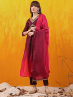 Alia Cut Embroidered Silk Blend Kurta With Pant & Dupatta, Wine - Hiral Fashion - Distacart