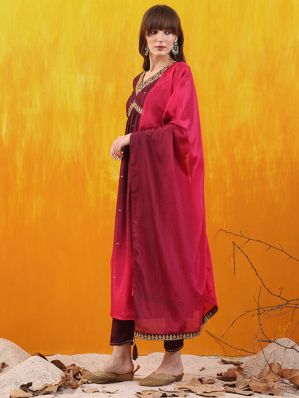 Alia Cut Embroidered Silk Blend Kurta With Pant & Dupatta, Wine - Hiral Fashion - Distacart