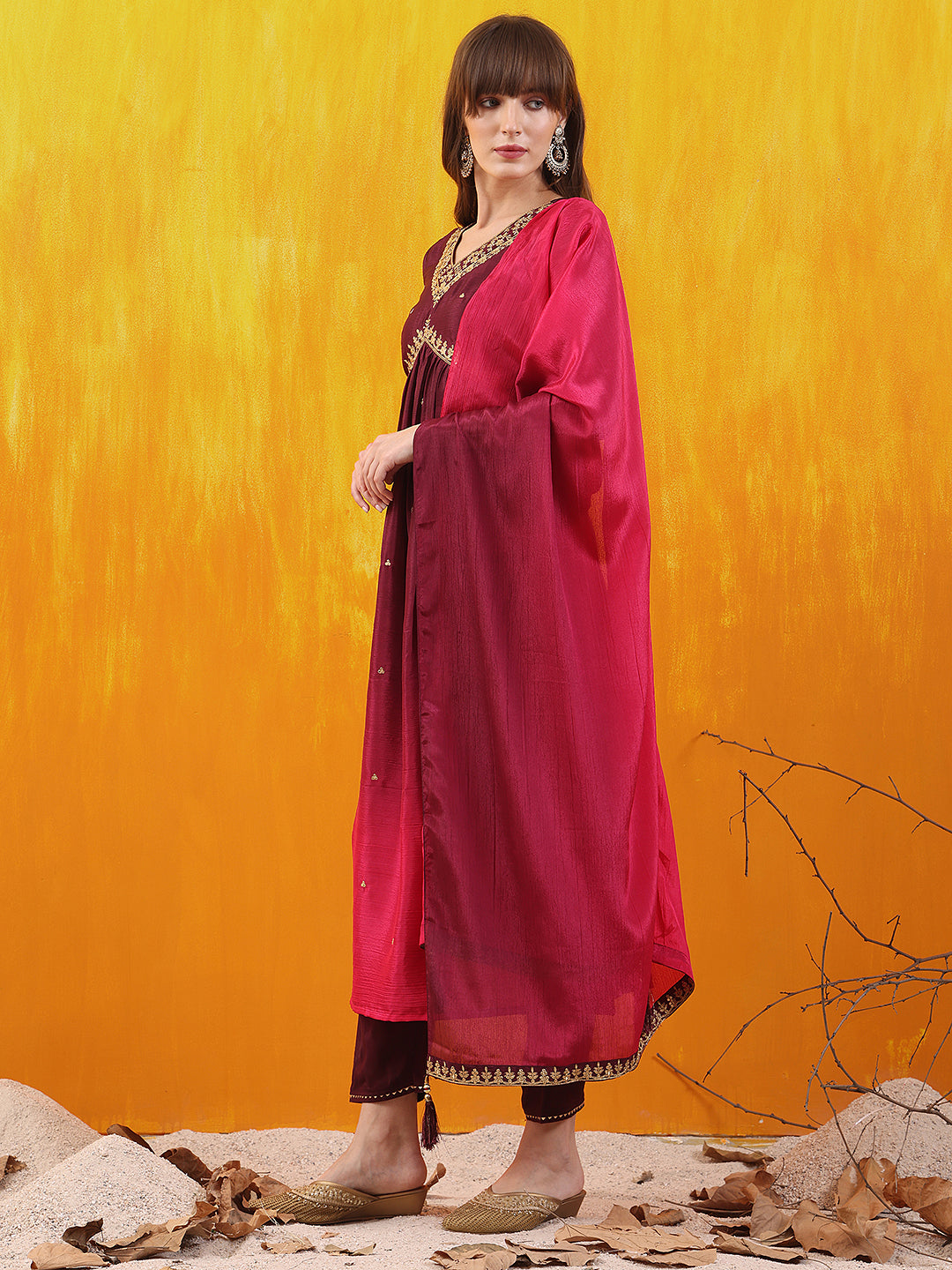 Alia Cut Embroidered Silk Blend Kurta With Pant & Dupatta, Wine - Hiral Fashion - Distacart
