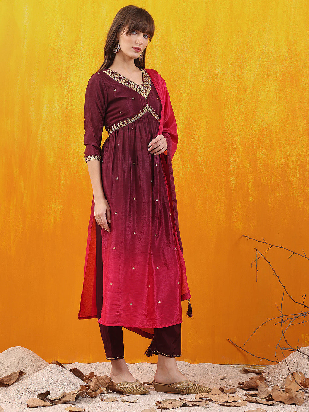 Alia Cut Embroidered Silk Blend Kurta With Pant & Dupatta, Wine - Hiral Fashion - Distacart