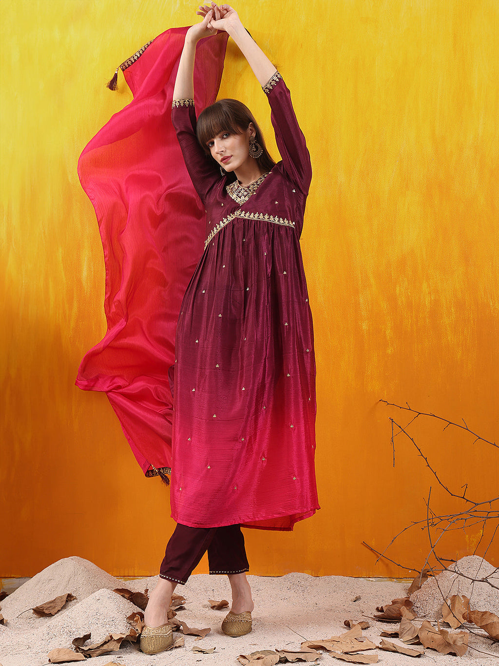 Alia Cut Embroidered Silk Blend Kurta With Pant & Dupatta, Wine - Hiral Fashion - Distacart