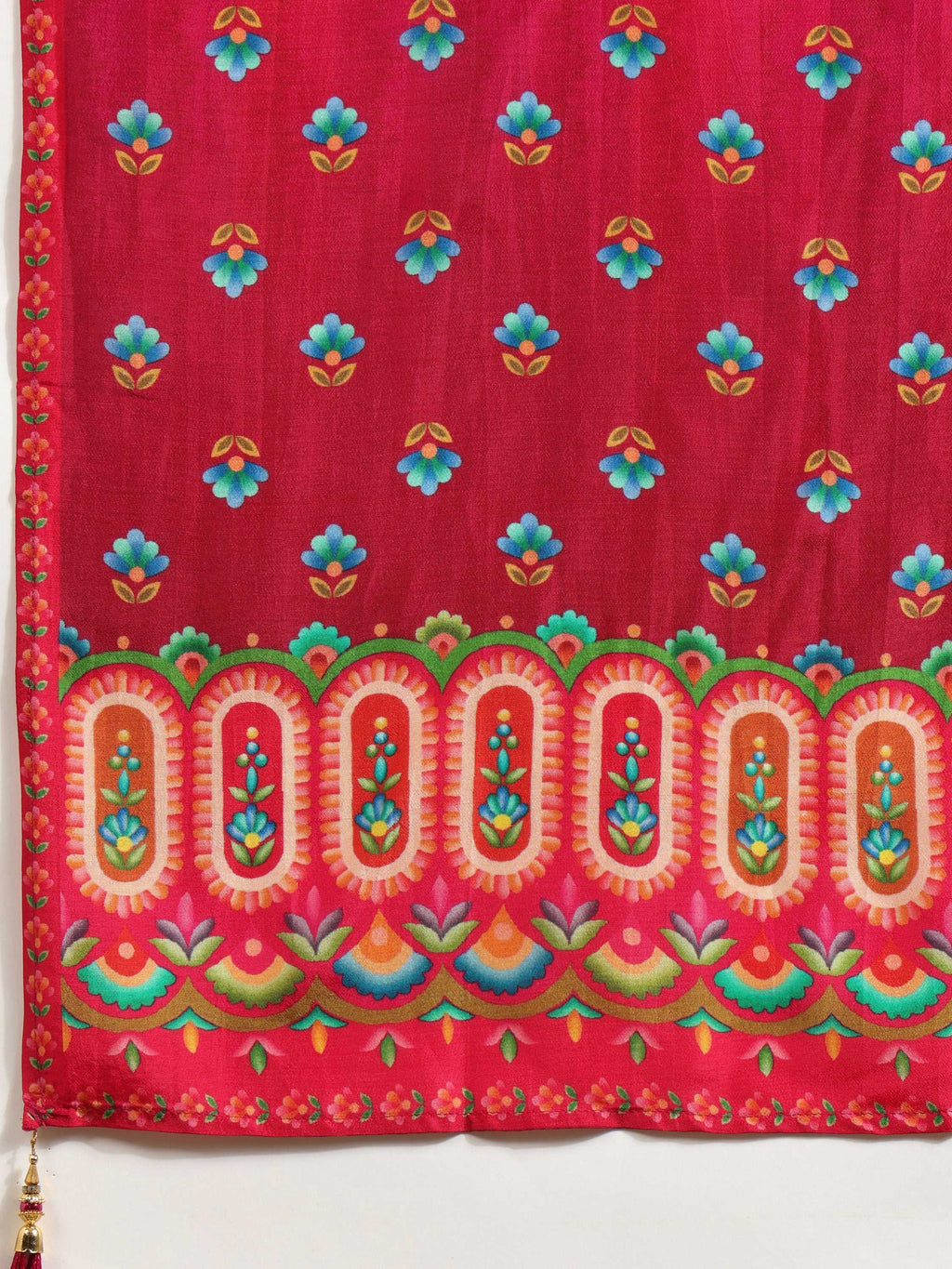 Embroidered & Printed Pure Silk Kurta With Pant & Printed Dupatta, Rani - Hiral Fashion - Distacart