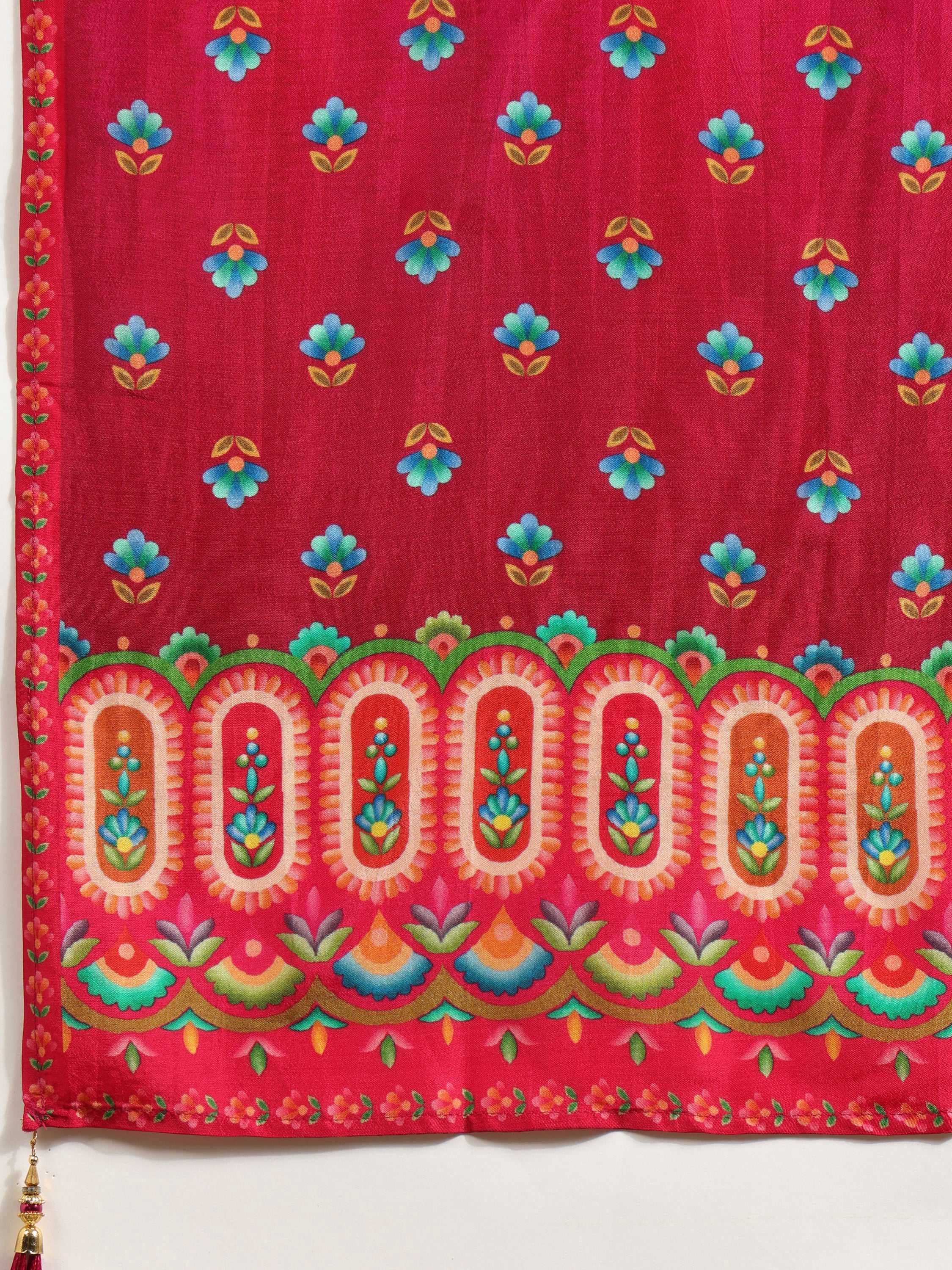 Embroidered & Printed Pure Silk Kurta With Pant & Printed Dupatta, Rani - Hiral Fashion - Distacart