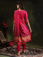 Embroidered & Printed Pure Silk Kurta With Pant & Printed Dupatta, Rani - Hiral Fashion - Distacart