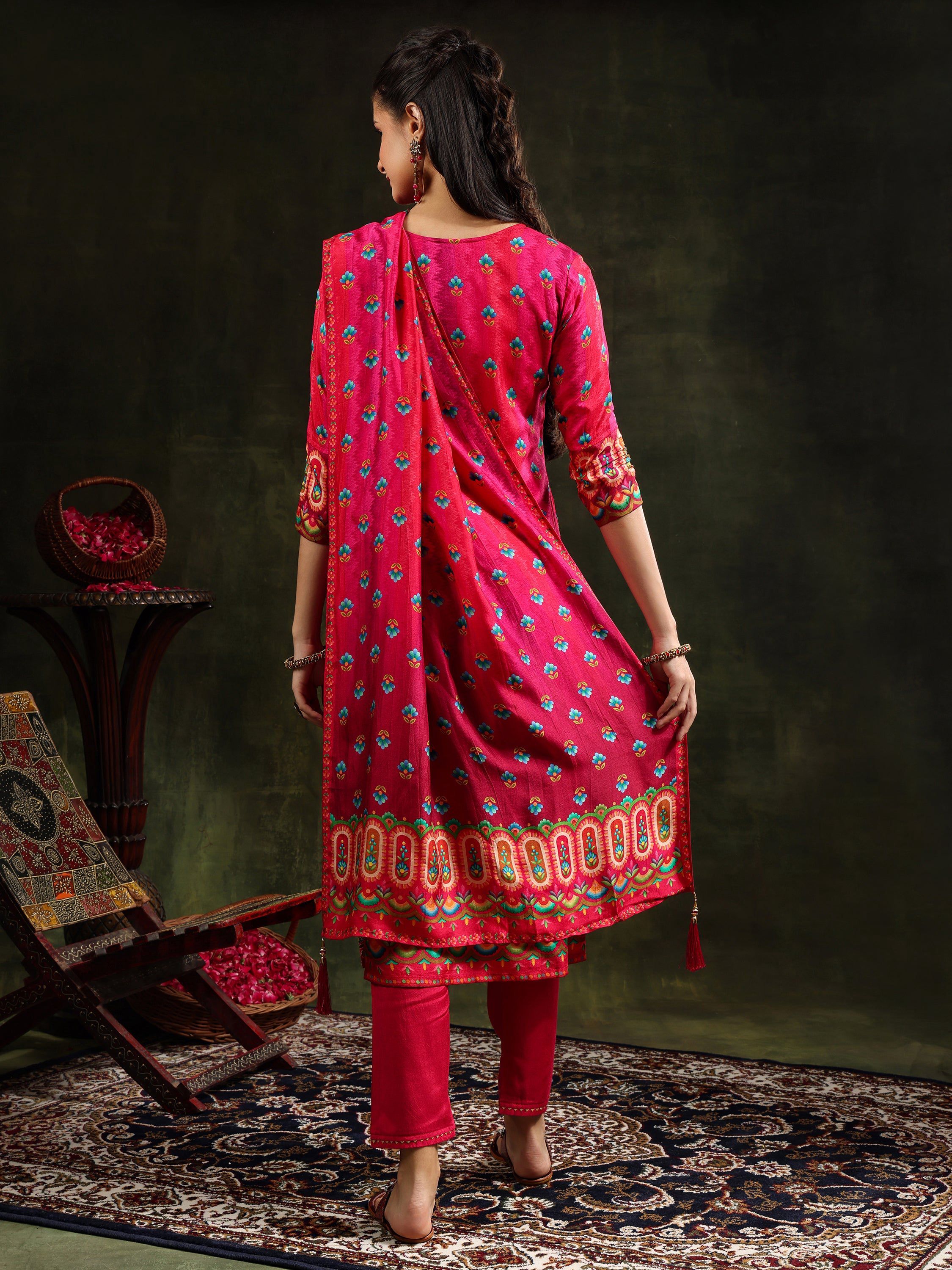 Embroidered & Printed Pure Silk Kurta With Pant & Printed Dupatta, Rani - Hiral Fashion - Distacart