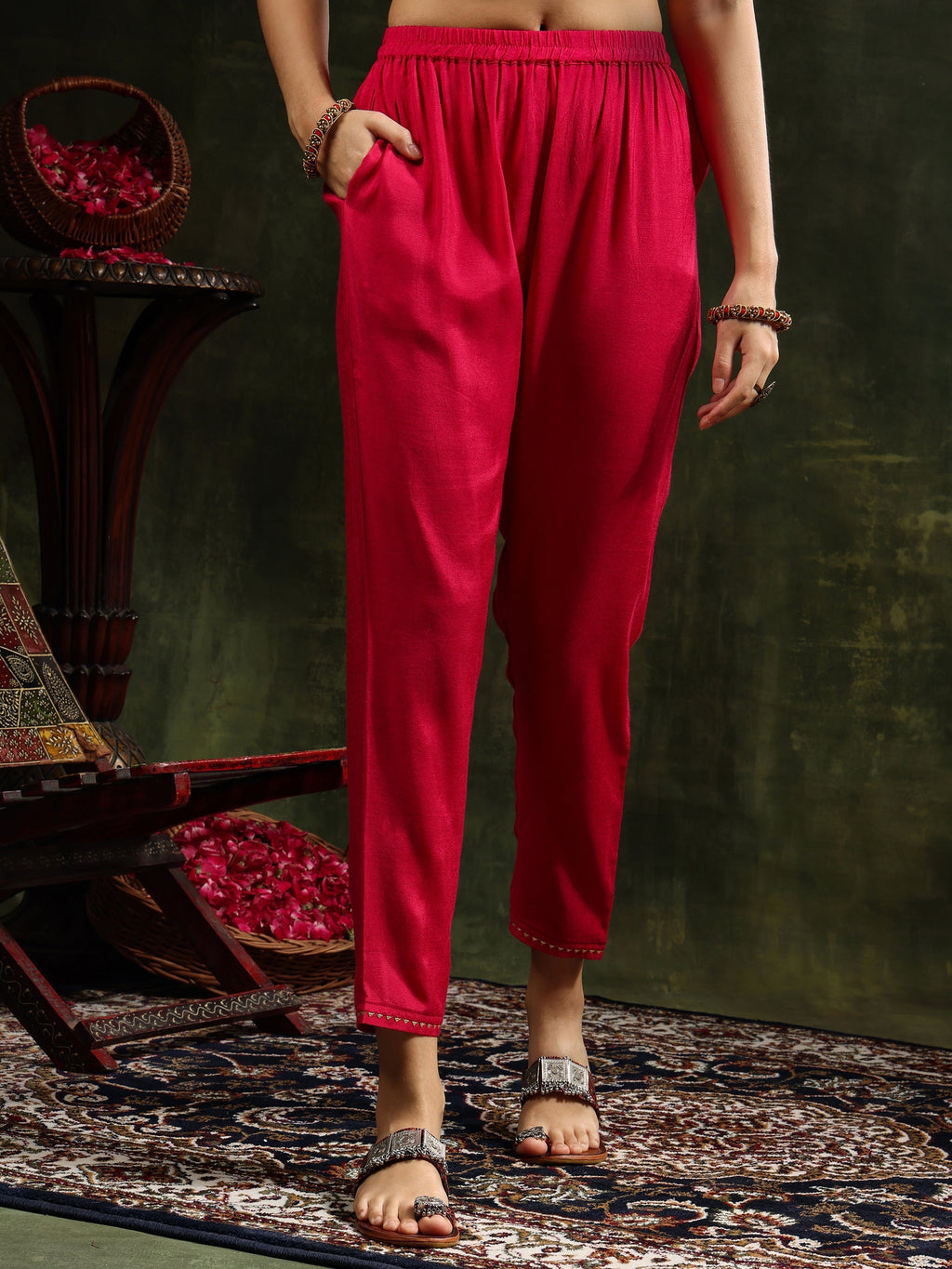 Embroidered & Printed Pure Silk Kurta With Pant & Printed Dupatta, Rani - Hiral Fashion - Distacart