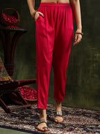 Embroidered & Printed Pure Silk Kurta With Pant & Printed Dupatta, Rani - Hiral Fashion - Distacart