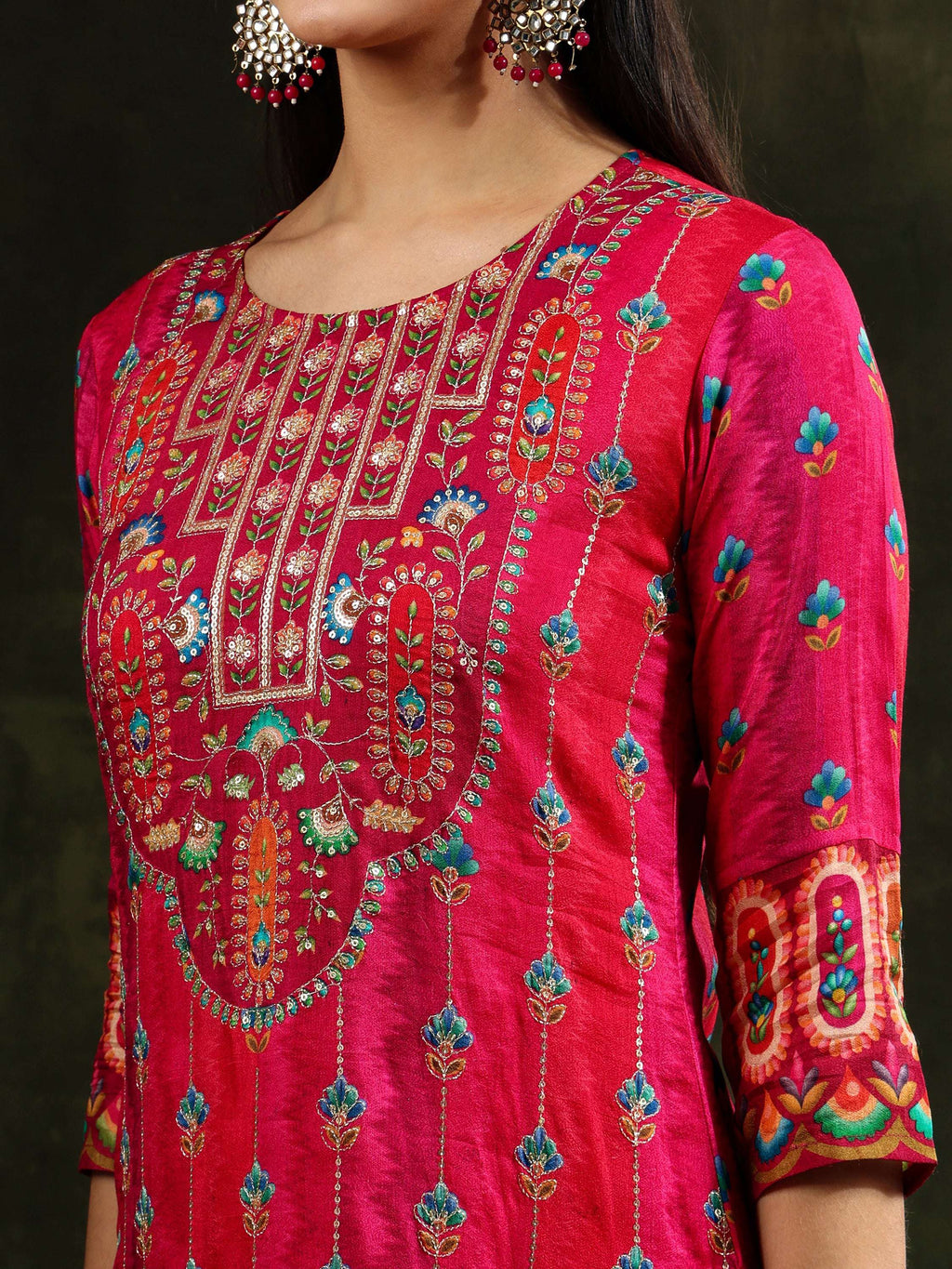 Embroidered & Printed Pure Silk Kurta With Pant & Printed Dupatta, Rani - Hiral Fashion - Distacart