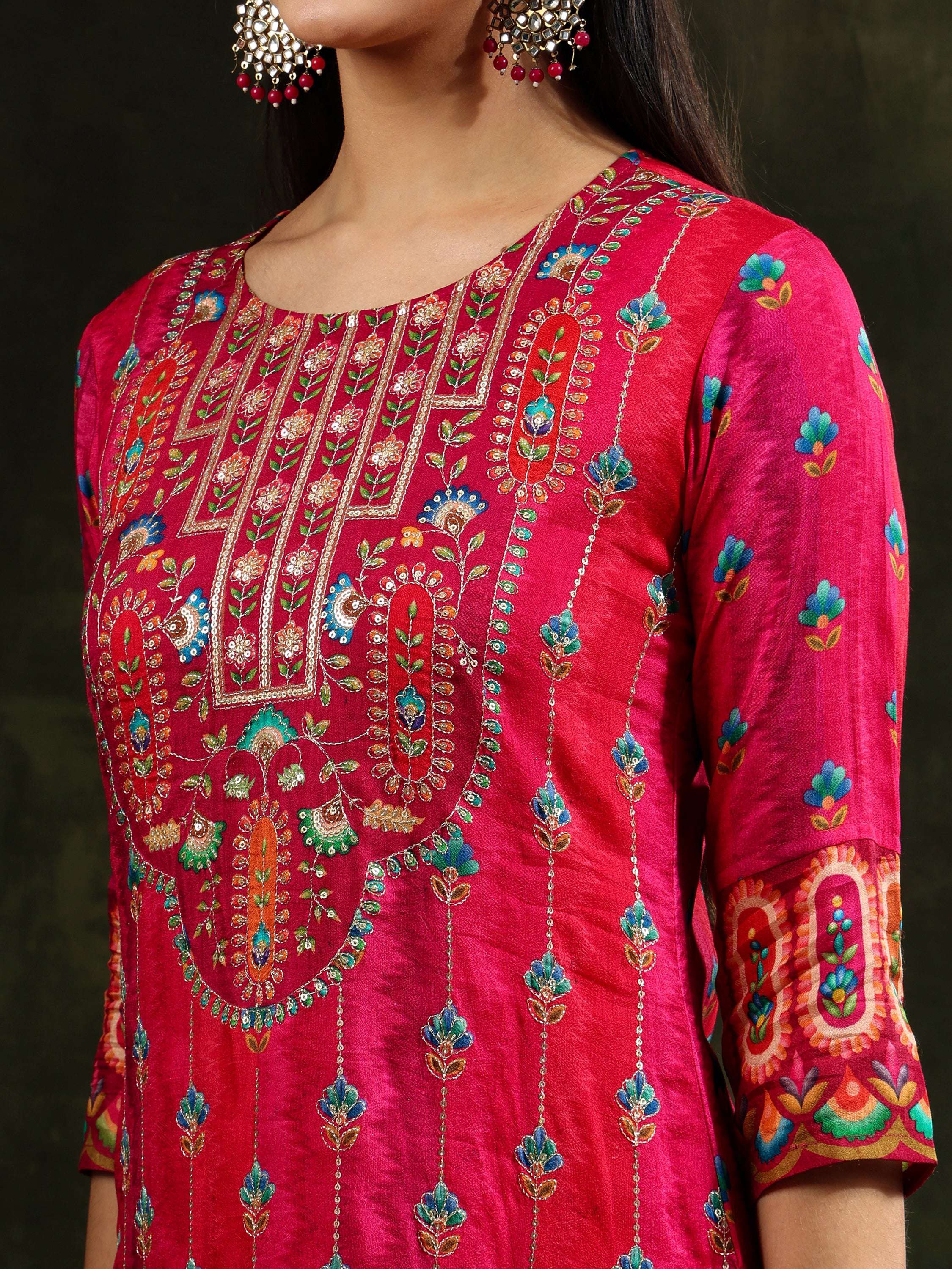Embroidered & Printed Pure Silk Kurta With Pant & Printed Dupatta, Rani - Hiral Fashion - Distacart