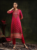 Embroidered & Printed Pure Silk Kurta With Pant & Printed Dupatta, Rani - Hiral Fashion - Distacart