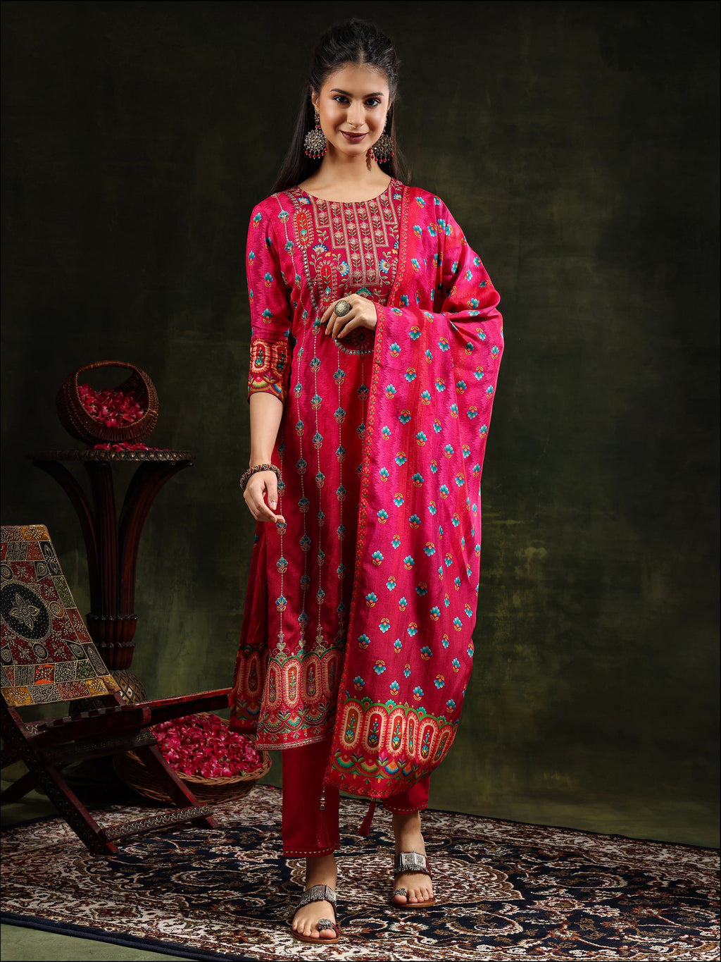 Embroidered & Printed Pure Silk Kurta With Pant & Printed Dupatta, Rani - Hiral Fashion - Distacart