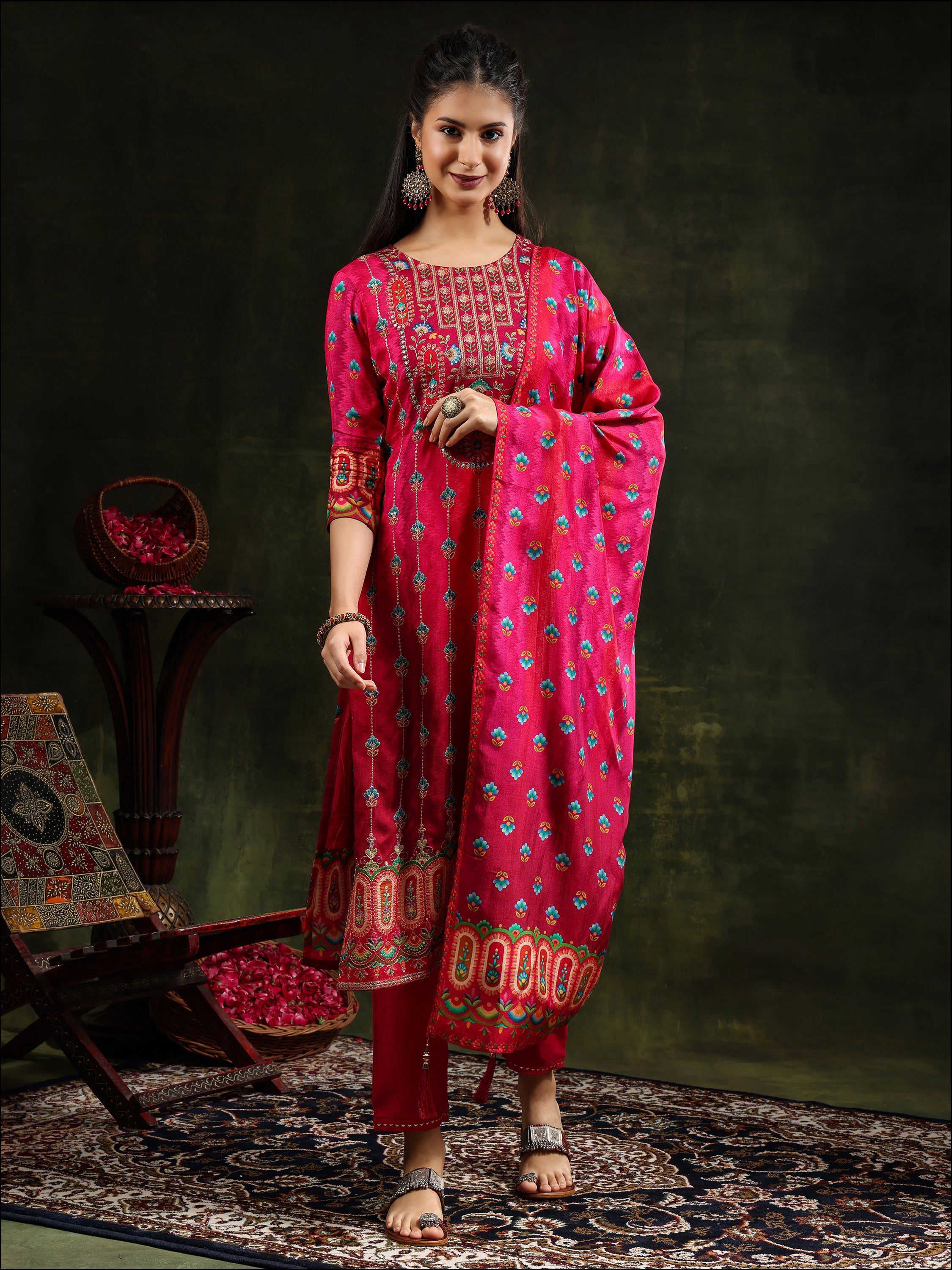 Embroidered & Printed Pure Silk Kurta With Pant & Printed Dupatta, Rani - Hiral Fashion - Distacart