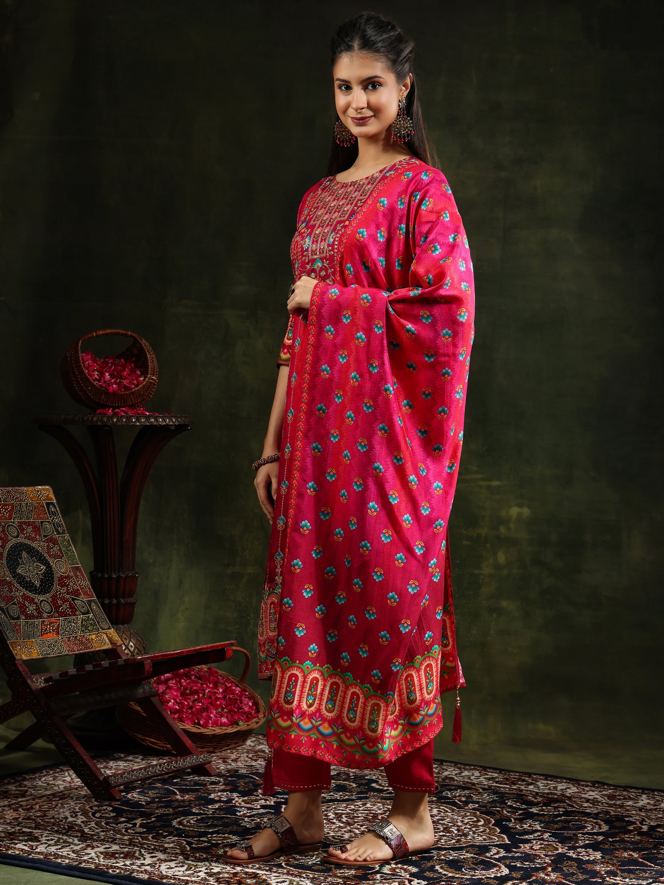 Embroidered & Printed Pure Silk Kurta With Pant & Printed Dupatta, Rani - Hiral Fashion - Distacart