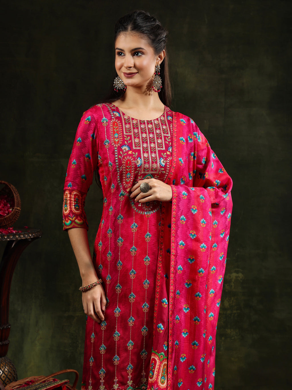 Embroidered & Printed Pure Silk Kurta With Pant & Printed Dupatta, Rani - Hiral Fashion - Distacart
