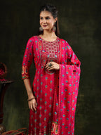 Embroidered & Printed Pure Silk Kurta With Pant & Printed Dupatta, Rani - Hiral Fashion - Distacart