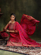 Embroidered & Printed Pure Silk Kurta With Pant & Printed Dupatta, Rani - Hiral Fashion - Distacart