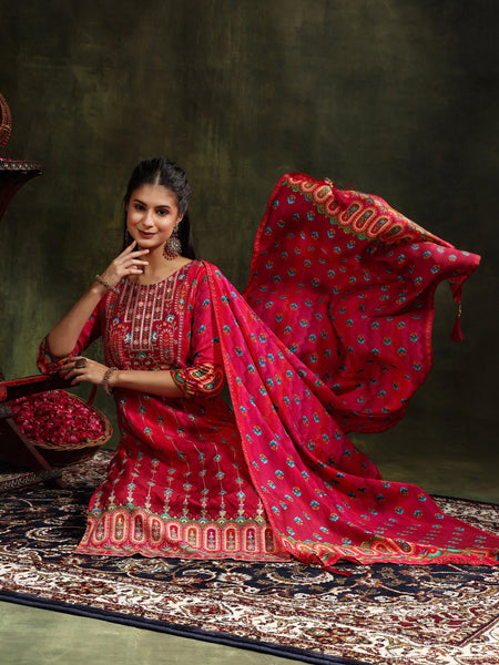 Embroidered & Printed Pure Silk Kurta With Pant & Printed Dupatta, Rani - Hiral Fashion
