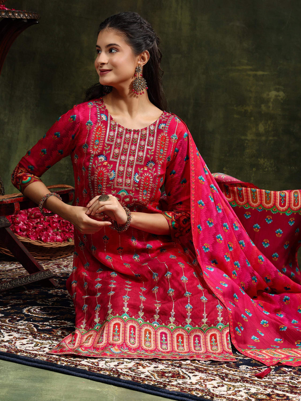Embroidered & Printed Pure Silk Kurta With Pant & Printed Dupatta, Rani - Hiral Fashion - Distacart