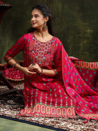 Embroidered & Printed Pure Silk Kurta With Pant & Printed Dupatta, Rani - Hiral Fashion - Distacart