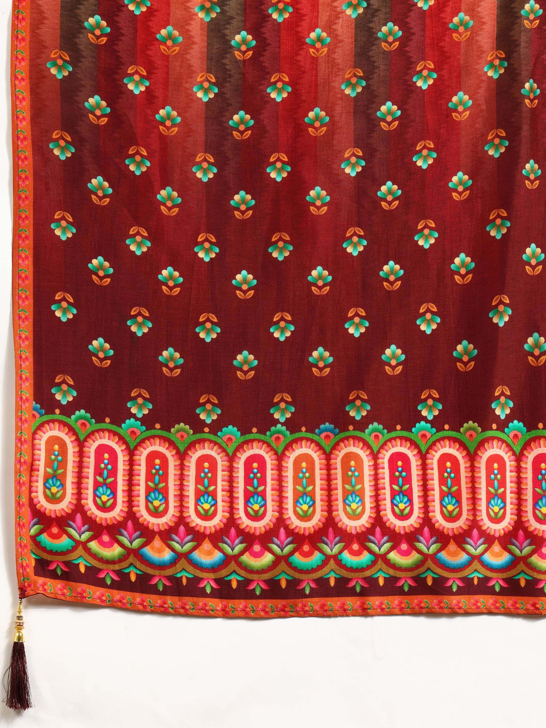 Embroidered & Printed Pure Silk Kurta With Pant & Printed Dupatta, Rust - Hiral Fashion - Distacart