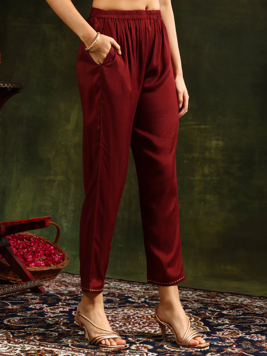 Embroidered & Printed Pure Silk Kurta With Pant & Printed Dupatta, Rust - Hiral Fashion - Distacart