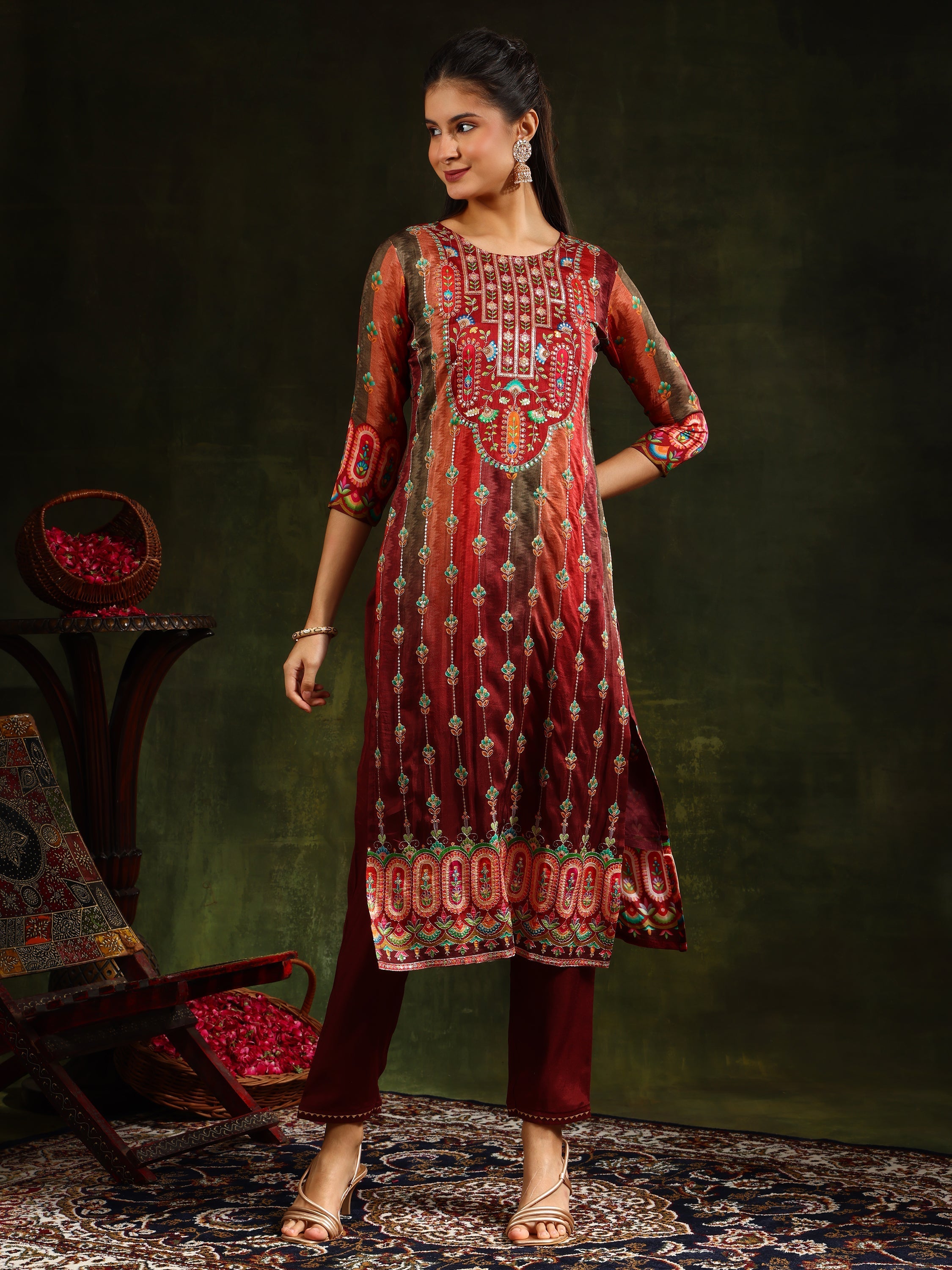 Embroidered & Printed Pure Silk Kurta With Pant & Printed Dupatta, Rust - Hiral Fashion - Distacart