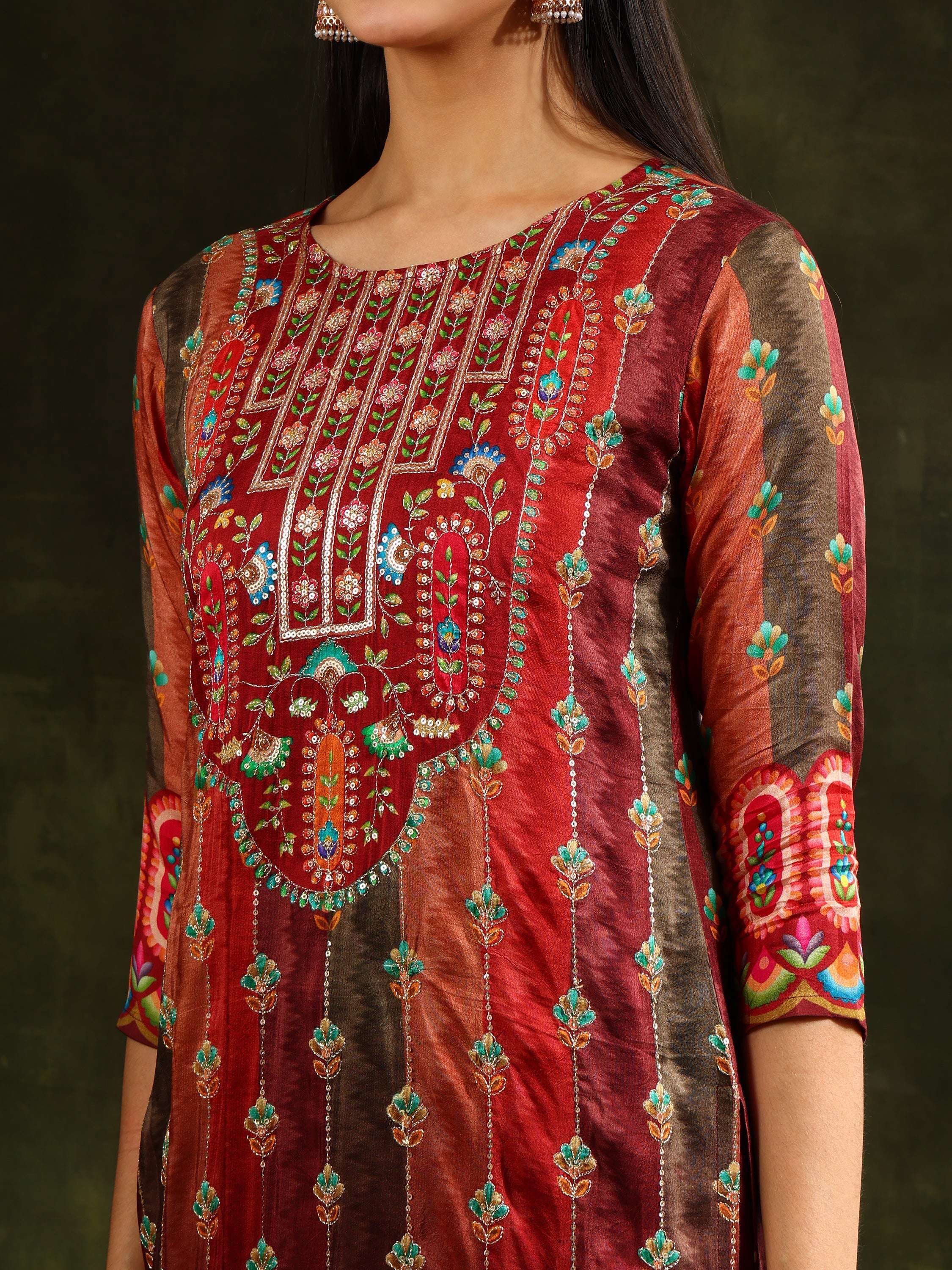 Embroidered & Printed Pure Silk Kurta With Pant & Printed Dupatta, Rust - Hiral Fashion - Distacart