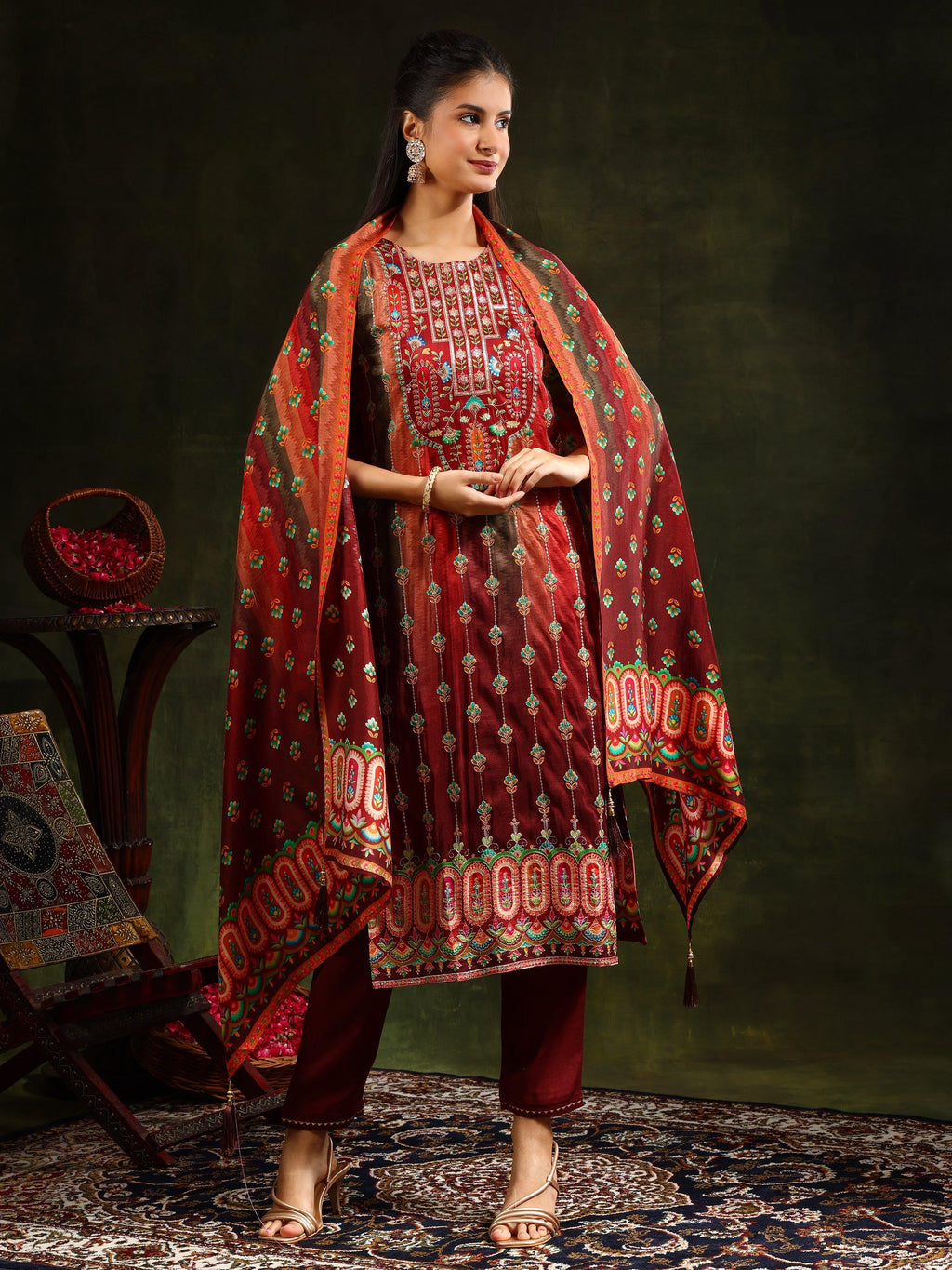 Embroidered & Printed Pure Silk Kurta With Pant & Printed Dupatta, Rust - Hiral Fashion - Distacart