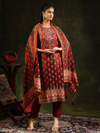 Embroidered & Printed Pure Silk Kurta With Pant & Printed Dupatta, Rust - Hiral Fashion - Distacart