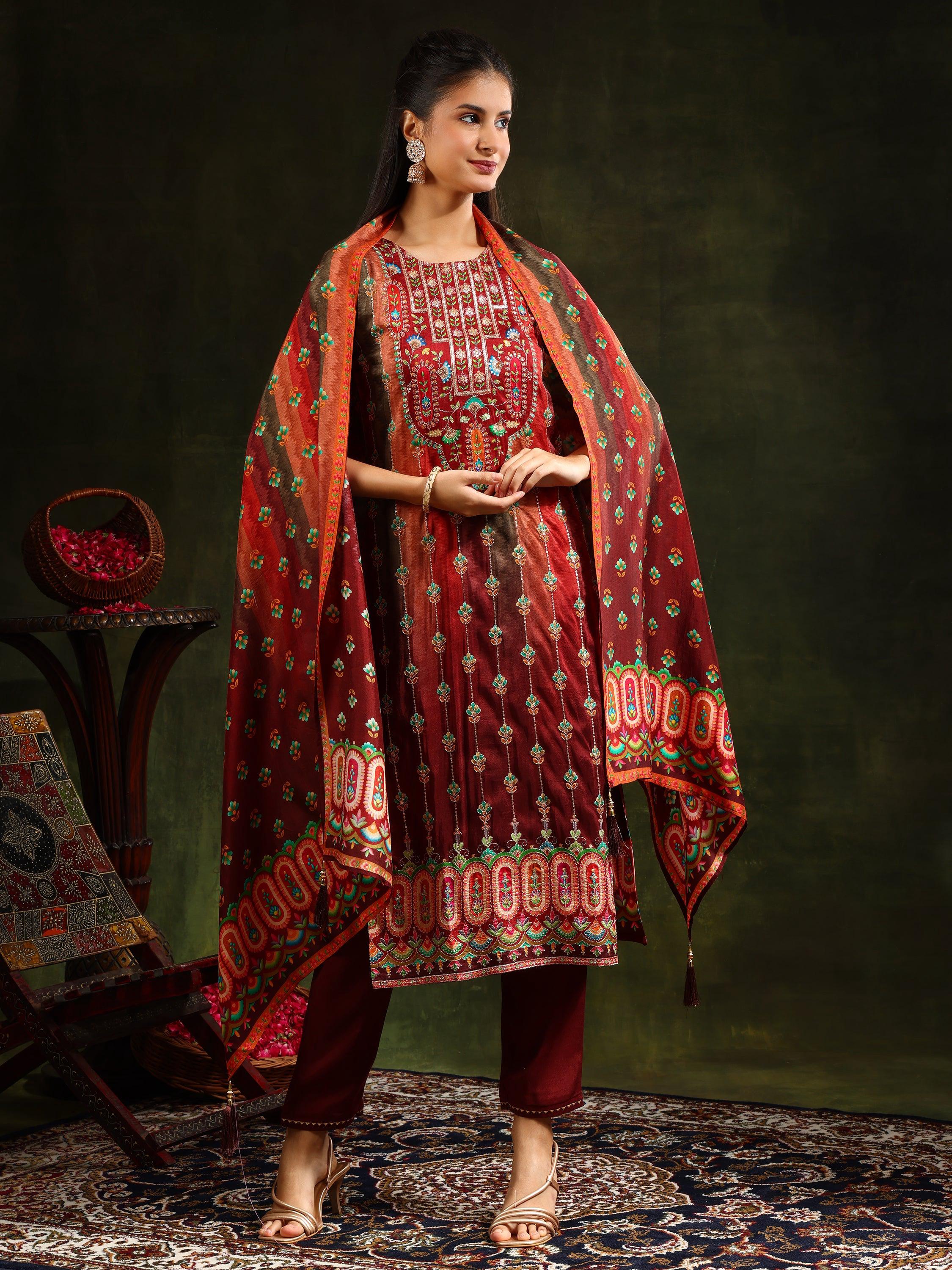 Embroidered & Printed Pure Silk Kurta With Pant & Printed Dupatta, Rust - Hiral Fashion - Distacart