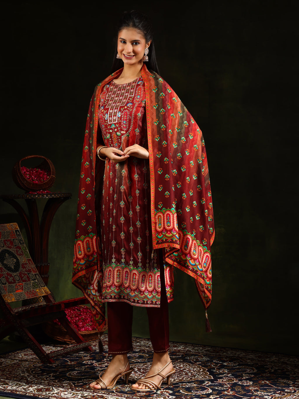 Embroidered & Printed Pure Silk Kurta With Pant & Printed Dupatta, Rust - Hiral Fashion - Distacart