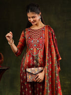Embroidered & Printed Pure Silk Kurta With Pant & Printed Dupatta, Rust - Hiral Fashion - Distacart