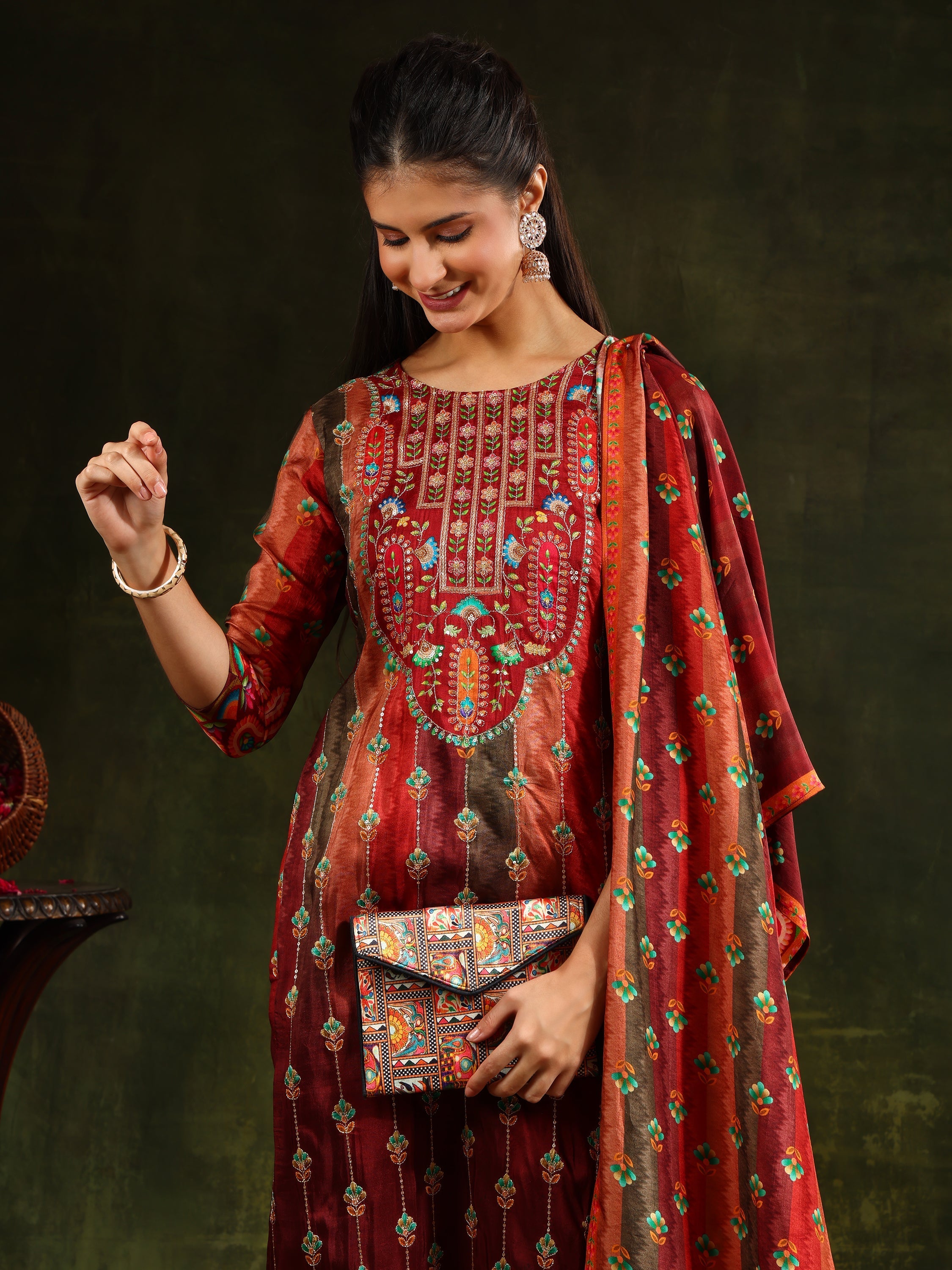 Embroidered & Printed Pure Silk Kurta With Pant & Printed Dupatta, Rust - Hiral Fashion - Distacart