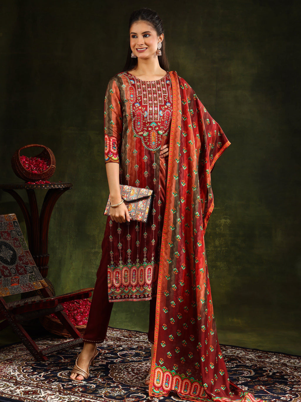 Embroidered & Printed Pure Silk Kurta With Pant & Printed Dupatta, Rust - Hiral Fashion - Distacart