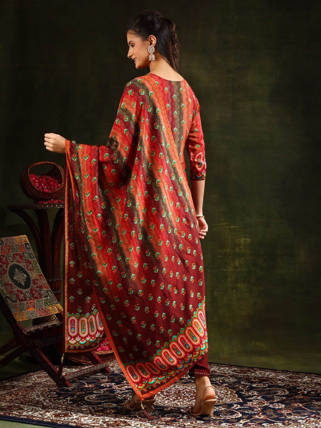 Embroidered & Printed Pure Silk Kurta With Pant & Printed Dupatta, Rust - Hiral Fashion - Distacart