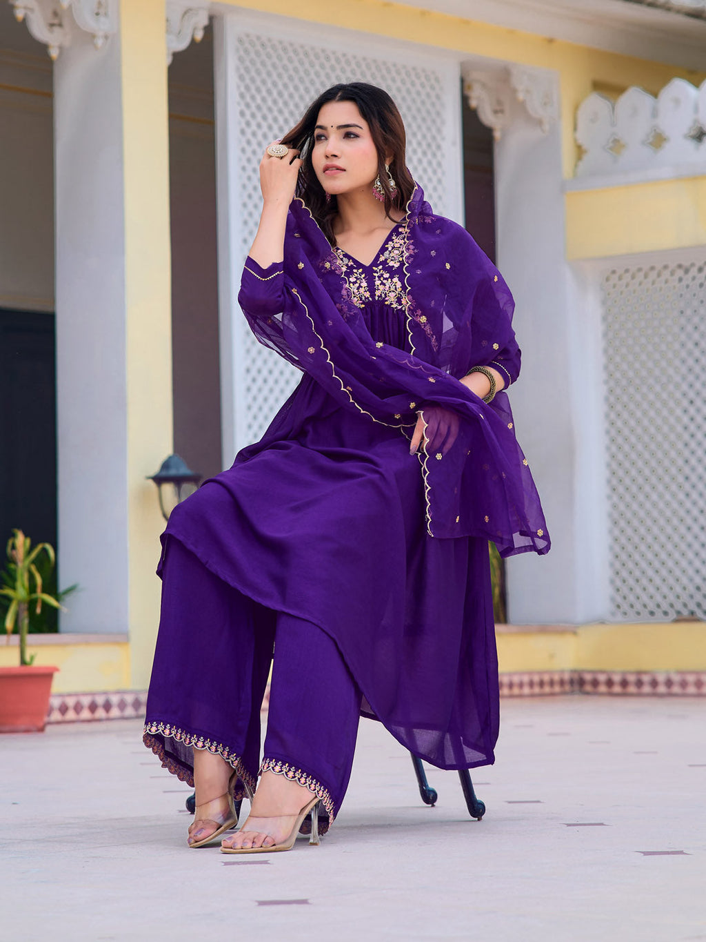 Alia Cut Embroidered Kurta With Pant & Dupatta, Purple - Hiral Fashion - Distacart
