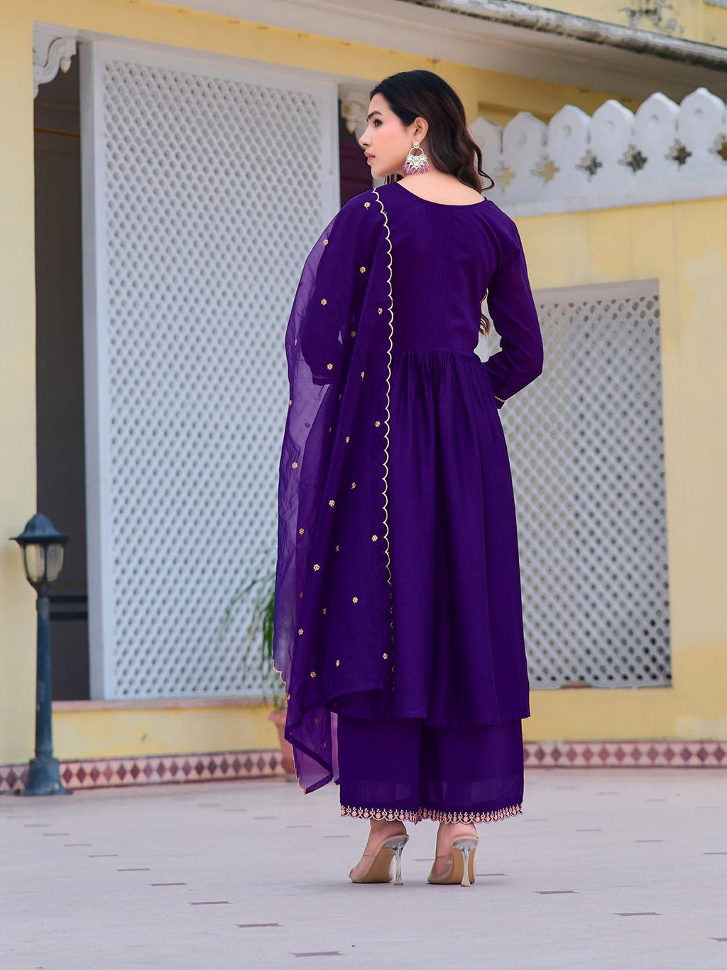 Alia Cut Embroidered Kurta With Pant & Dupatta, Purple - Hiral Fashion - Distacart