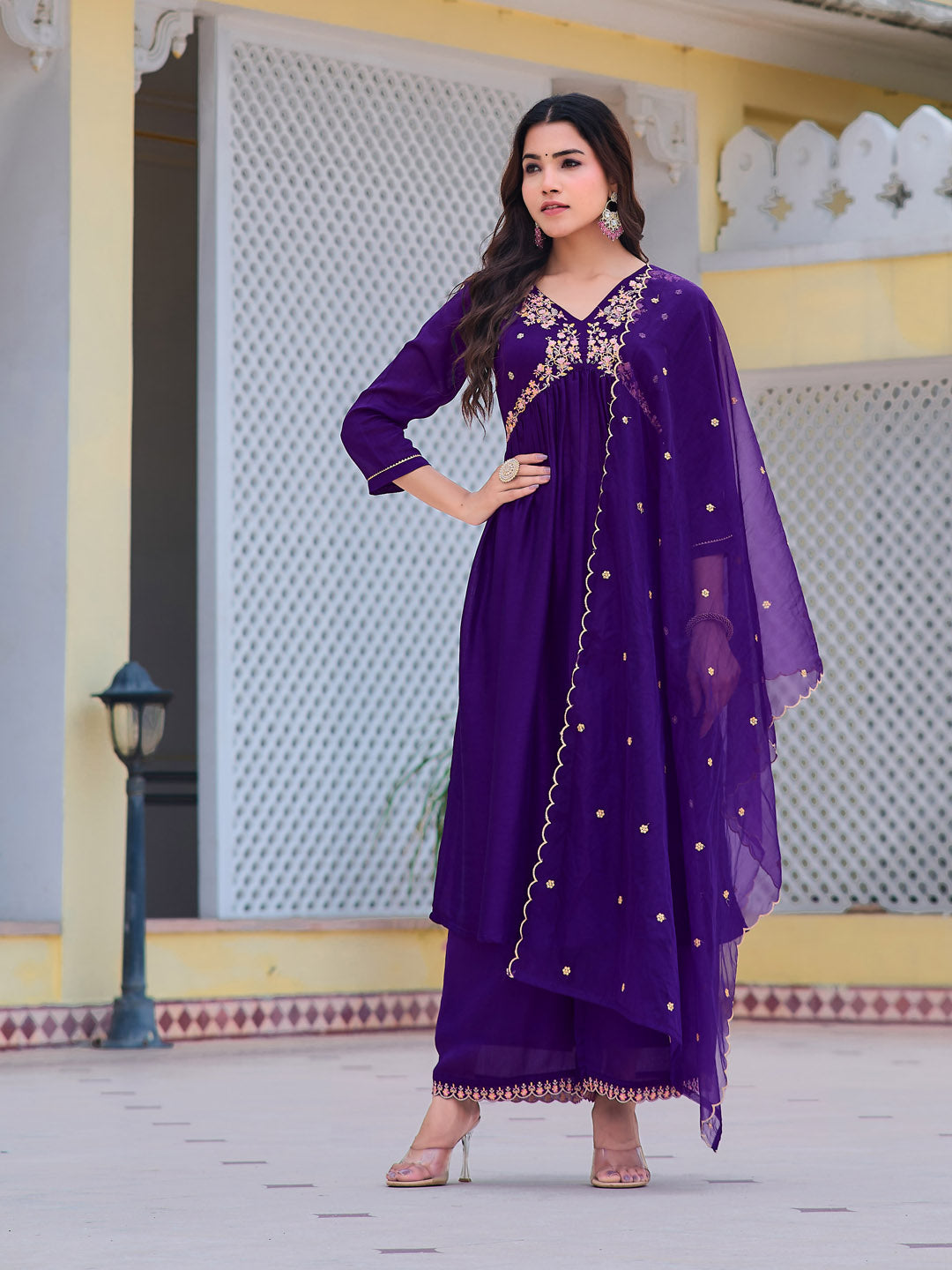 Alia Cut Embroidered Kurta With Pant & Dupatta, Purple - Hiral Fashion - Distacart