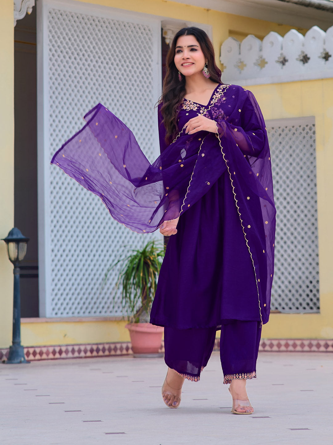 Alia Cut Embroidered Kurta With Pant & Dupatta, Purple - Hiral Fashion - Distacart
