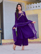 Alia Cut Embroidered Kurta With Pant & Dupatta, Purple - Hiral Fashion - Distacart