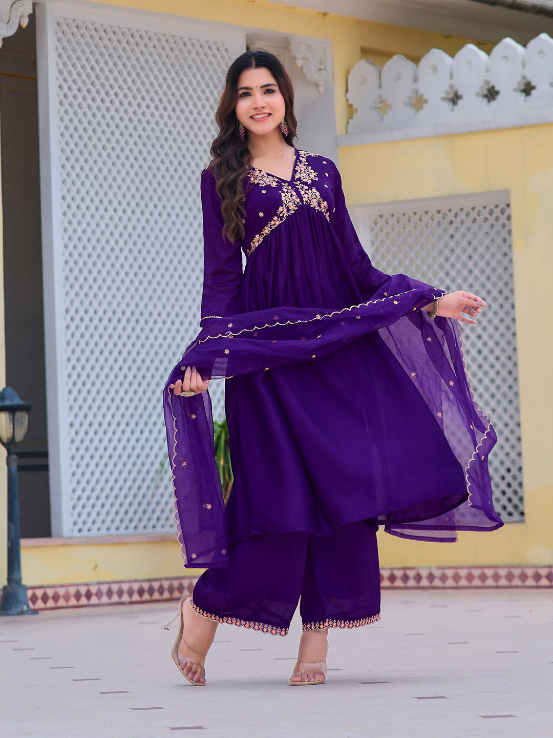 Alia Cut Embroidered Kurta With Pant & Dupatta, Purple - Hiral Fashion - Distacart
