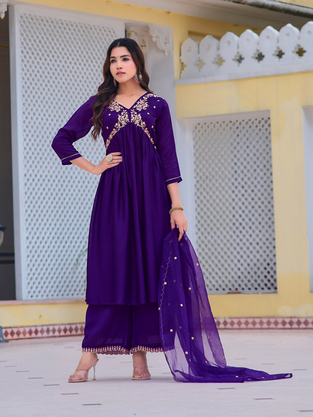 Alia Cut Embroidered Kurta With Pant & Dupatta, Purple - Hiral Fashion - Distacart